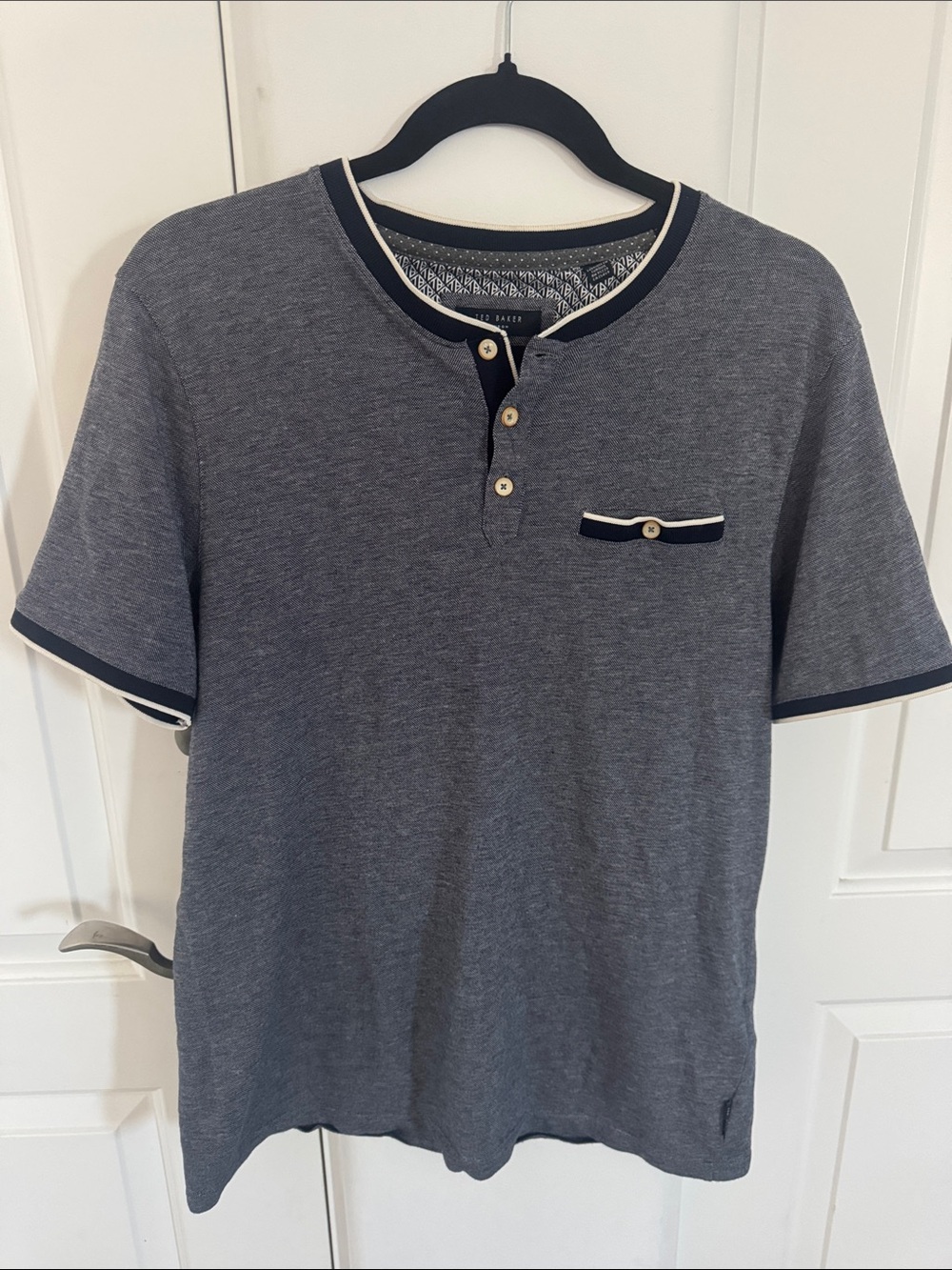Ted Baker London Short-Sleeve Henley Polo in Heather Gray with Navy Trim